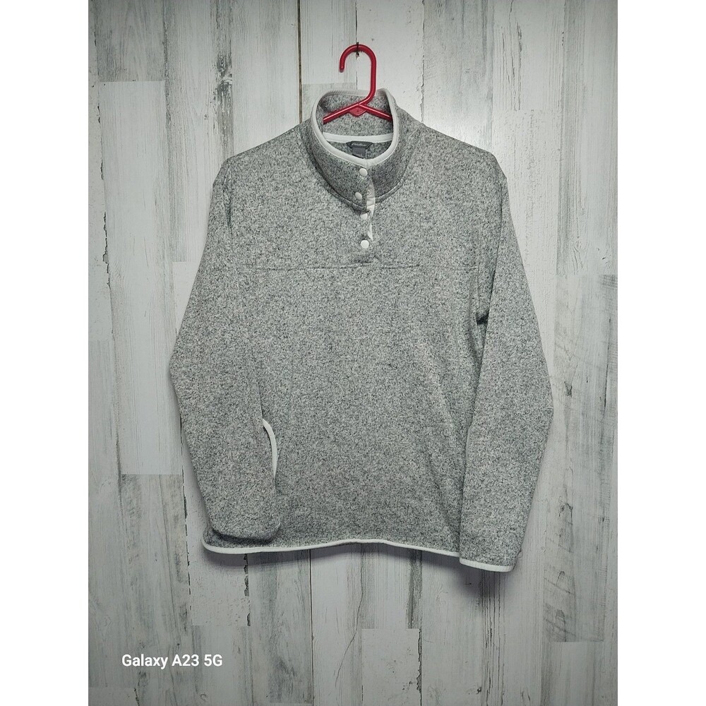 Eddie Bauer Gray Sweater Womens L T-Snap Fleece Pullover Outdoor Long Sleeve